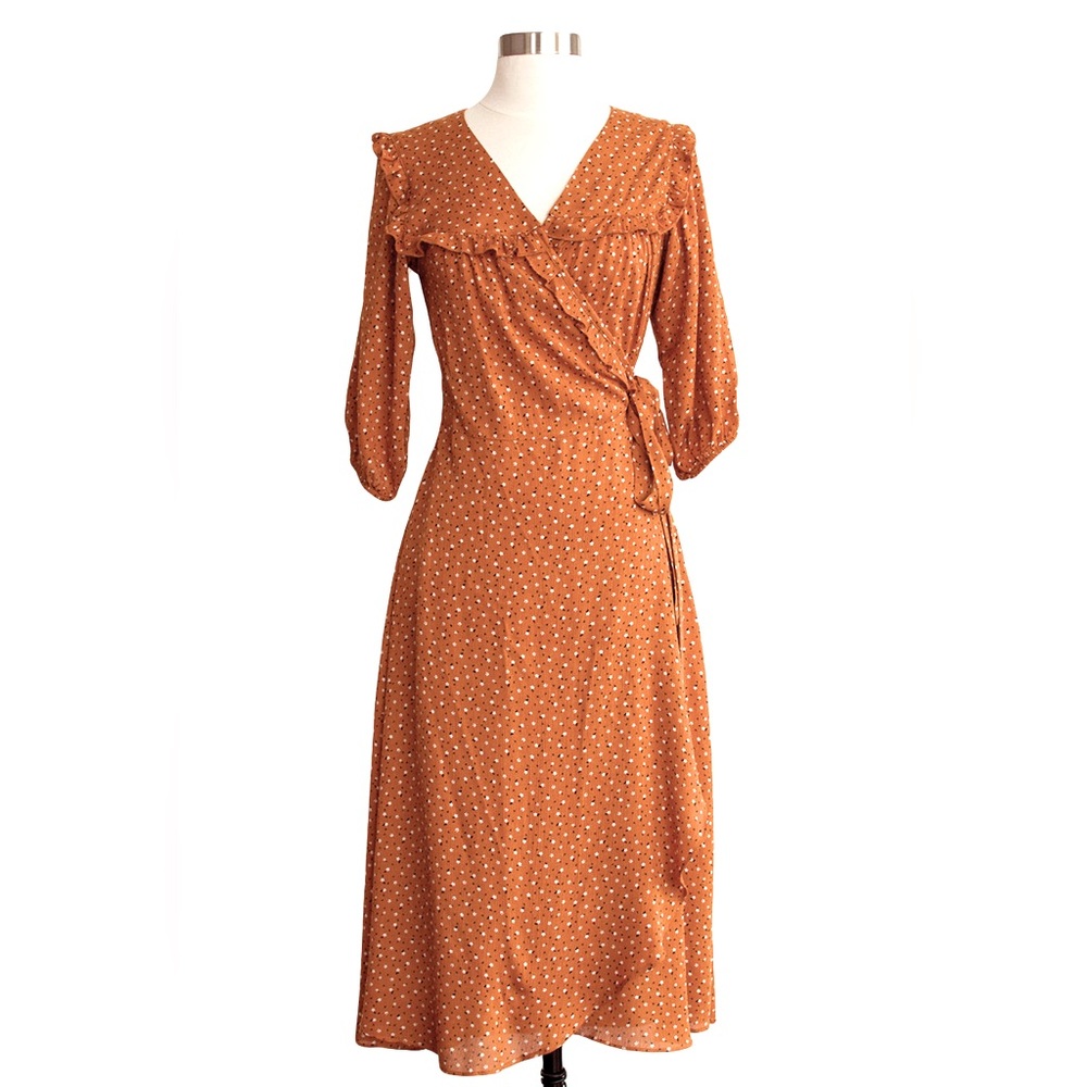 Ruffle Accent Front Wrap Dress in Orange Floral Print 3/4 Sleeve Retro
